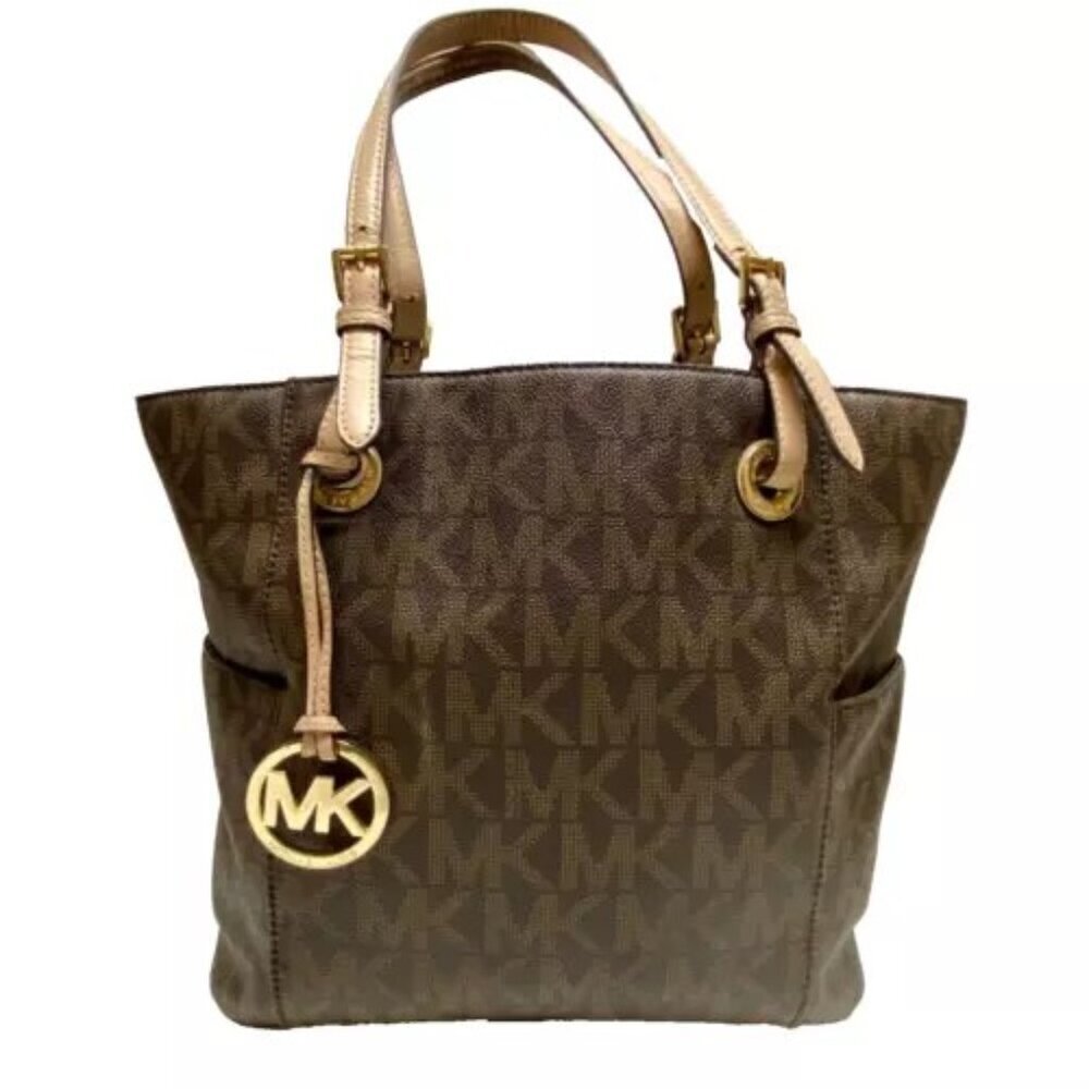 Michael Kors Signature Jet Set East West Top Zip Tote Brown Khaki Saffiano EUC